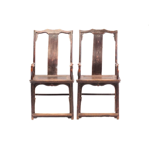 73 - A pair of Northern Chinese elmwood (Yumu) open armchairs, Qing Dynasty, probably late 18th century, ... 