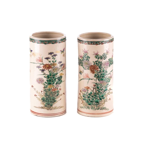 75 - A pair of Japanese Satsuma sleeve vases, pair of bamboo vases, late Meiji, painted with blossoming c... 