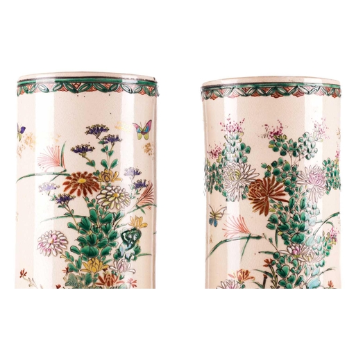 75 - A pair of Japanese Satsuma sleeve vases, pair of bamboo vases, late Meiji, painted with blossoming c... 