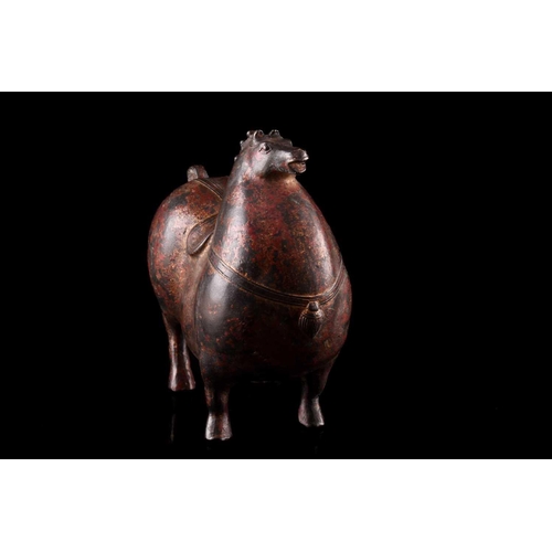 77 - A Chinese Tang Dynasty style bronze figure of an obese horse, with dressed mane and tail, fitted wit... 