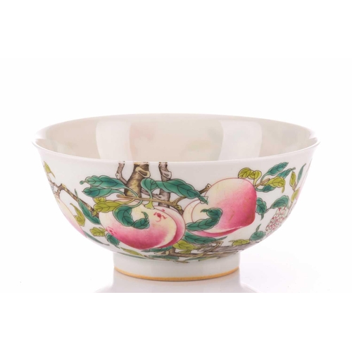 84 - Two Chinese porcelain bowls, one decorated to the exterior with two birds on rockwork eyeing a fruit... 