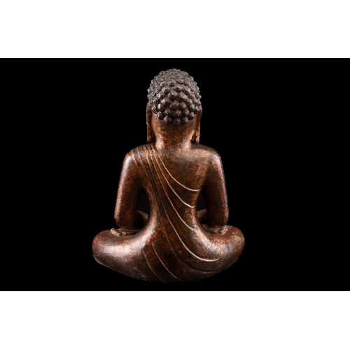 86 - A Chinese bronze figure of Buddha, seated in dhyana mudra, the hair in tight curls, traces of gildin... 