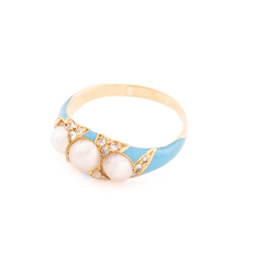 18 - A pearl and diamond enamel ring, comprises three off-round split pearls set on a sky blue enamel bac... 