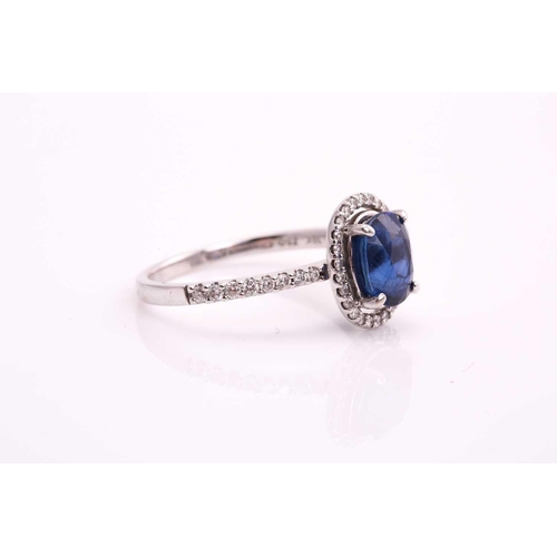 19 - A sapphire entourage ring, consisting of an oval brilliant-cut sapphire with vivid and intense blue ... 