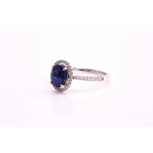 19 - A sapphire entourage ring, consisting of an oval brilliant-cut sapphire with vivid and intense blue ... 