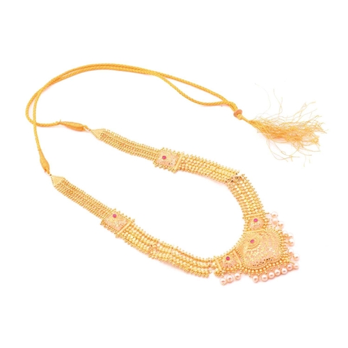 2 - A yellow metal, ruby and fresh water pearl bridal set; comprising a fringe necklace and a pair of pe... 