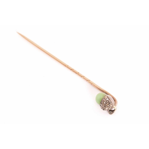 27 - Four gem-set stick pins; A heart-shaped stick pin with foliate details and pearl highlight, French e... 