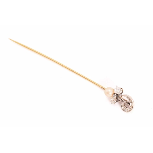 27 - Four gem-set stick pins; A heart-shaped stick pin with foliate details and pearl highlight, French e... 