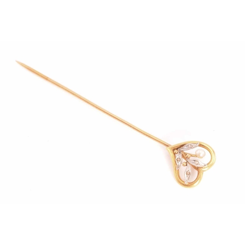 27 - Four gem-set stick pins; A heart-shaped stick pin with foliate details and pearl highlight, French e... 