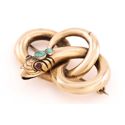 34 - A Victorian snake brooch, composed of an entwined serpent in the form of the infinity symbol, turquo... 