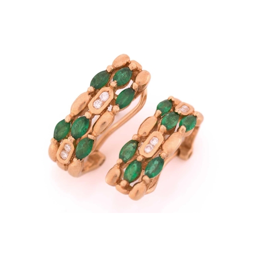 44 - A pair of emerald and diamond earrings, each comprises six marquise-shaped emeralds and four brillia... 