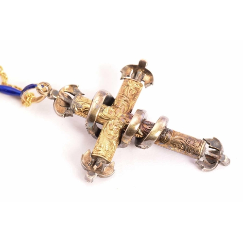 56 - A Victorian enamel cross fleury with a diamond-studded serpent necklace, composed of a cobalt blue e... 