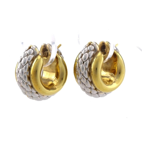 8 - FOPE - a pair of two-toned creole earrings, each featuring a hollow hoop with a textured section imi... 