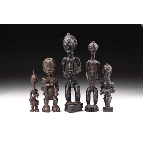 104 - Three Luluwa maternity figures, Bwanga Bwa Cibola, Democratic Republic of Congo, carved standing and... 