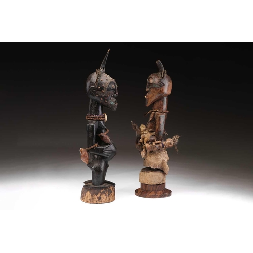 62 - Two Songye community power figures, Mankisi, with horn charge and embedded metal blades to the head,... 