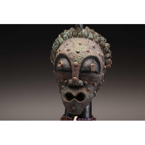 62 - Two Songye community power figures, Mankisi, with horn charge and embedded metal blades to the head,... 