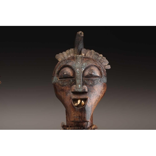 62 - Two Songye community power figures, Mankisi, with horn charge and embedded metal blades to the head,... 