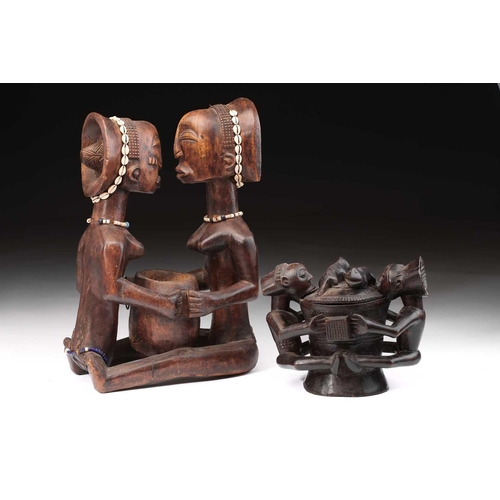 99 - A Luba/Hemba bowl bearer group, Democratic Republic of Congo, the cover with two zoomorphic figures ... 