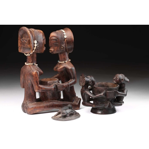 99 - A Luba/Hemba bowl bearer group, Democratic Republic of Congo, the cover with two zoomorphic figures ... 