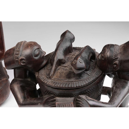 99 - A Luba/Hemba bowl bearer group, Democratic Republic of Congo, the cover with two zoomorphic figures ... 