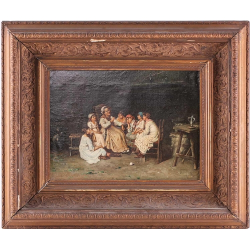 13 - 19th century Continental school, figures in an interior setting, oil on canvas, signed indistinctly ... 