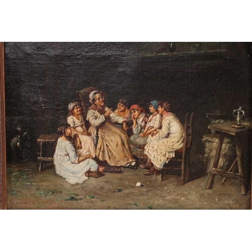 13 - 19th century Continental school, figures in an interior setting, oil on canvas, signed indistinctly ... 