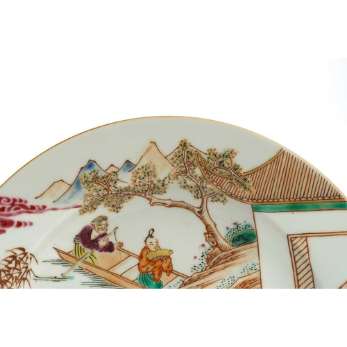 143 - A Chinese porcelain famille rose plate, painted with a figure on horseback beckoning towards two fig... 