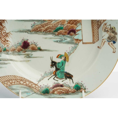 143 - A Chinese porcelain famille rose plate, painted with a figure on horseback beckoning towards two fig... 