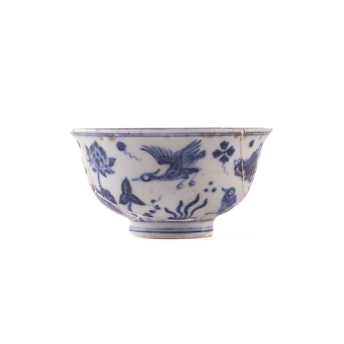 144 - A Chinese blue and white bowl, decorated with lotus and blooms, 7cm high x 16.3 cm diameter, togethe... 