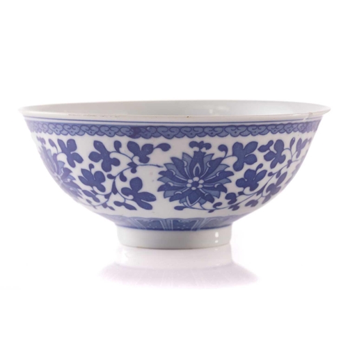 144 - A Chinese blue and white bowl, decorated with lotus and blooms, 7cm high x 16.3 cm diameter, togethe... 