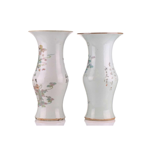 174 - A near pair of Chinese porcelain yen yen vases, (Fengweizun), Qing, late 19th century, painted with ... 