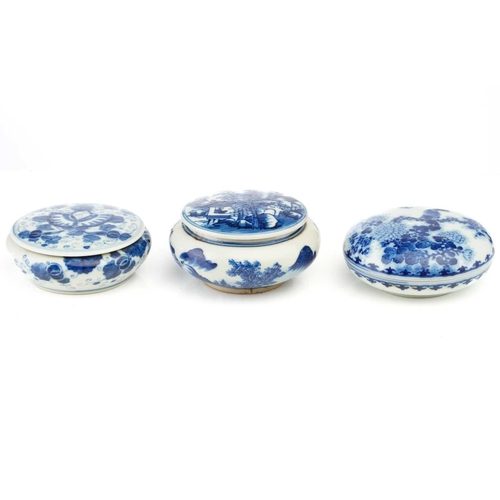 177 - A collection of Chinese blue & white porcelain cosmetic and ointment pots, one with compressed body ... 