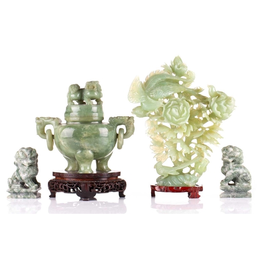 182 - A Chinese apple green jade censor, 20th century, the cover with lion finial, with lion mask and capt... 