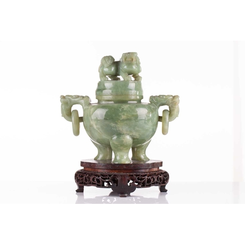 182 - A Chinese apple green jade censor, 20th century, the cover with lion finial, with lion mask and capt... 