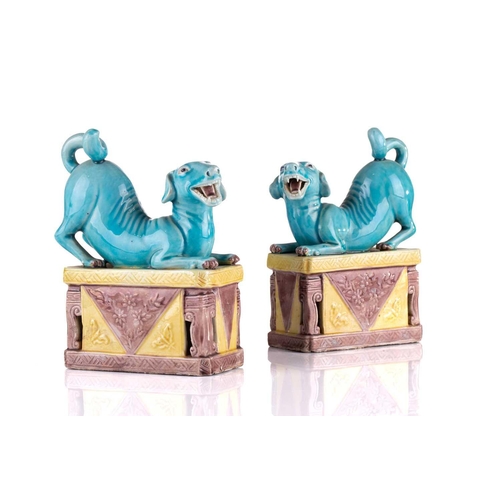 184 - A pair of Chinese torquoise glazed dogs, Qing 19th century, modelled baying with open mouth showing ... 