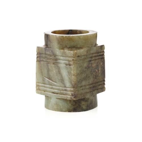 185 - A Chinese jade Cong, in the Neolithic/Shang dynasty style, the stone a mottled green with brown/blac... 