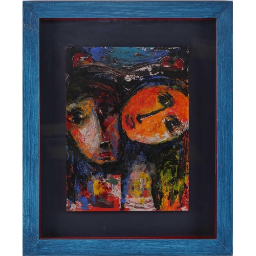 19 - Rebwar (20th century) Kurdish, abstract faces, oil on board, 44 cm x 32 cm glazed in a box frame.