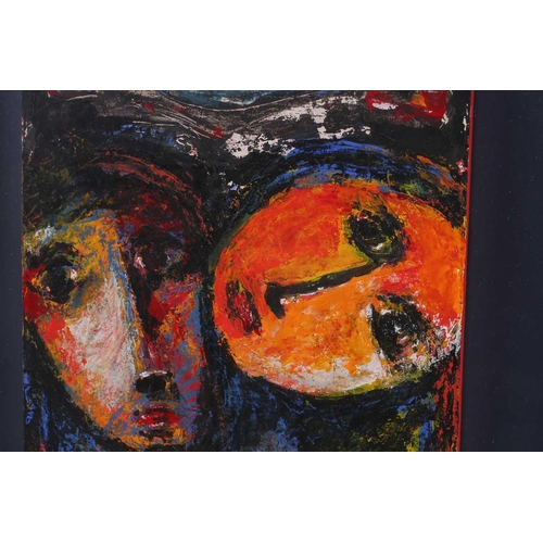 19 - Rebwar (20th century) Kurdish, abstract faces, oil on board, 44 cm x 32 cm glazed in a box frame.