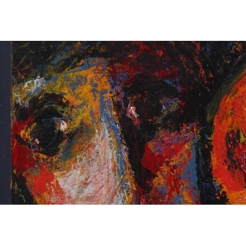 19 - Rebwar (20th century) Kurdish, abstract faces, oil on board, 44 cm x 32 cm glazed in a box frame.