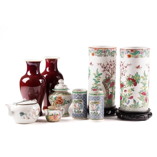 192 - A collection of Chinese porcelain, 19th & 20th century, compromising a pair of spill vases with moul... 