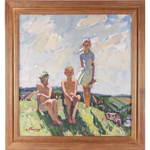 2 - C Penky (20th century), children on hill, oil on canvas, signed to lower left corner, 74 cm x 69 cm ... 