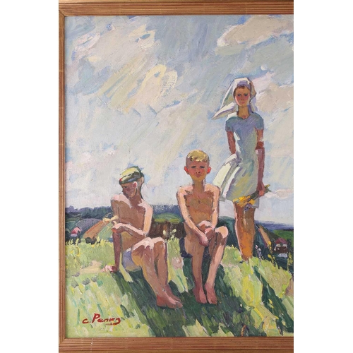 2 - C Penky (20th century), children on hill, oil on canvas, signed to lower left corner, 74 cm x 69 cm ... 