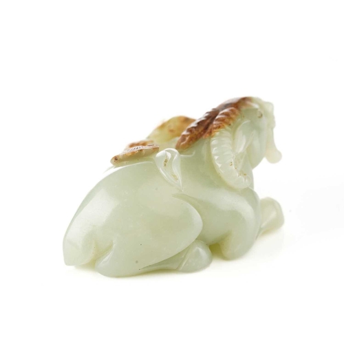 201 - A Chinese jade figure of a ram and its young, in a recumbent pose, each sharing a single stem of lin... 