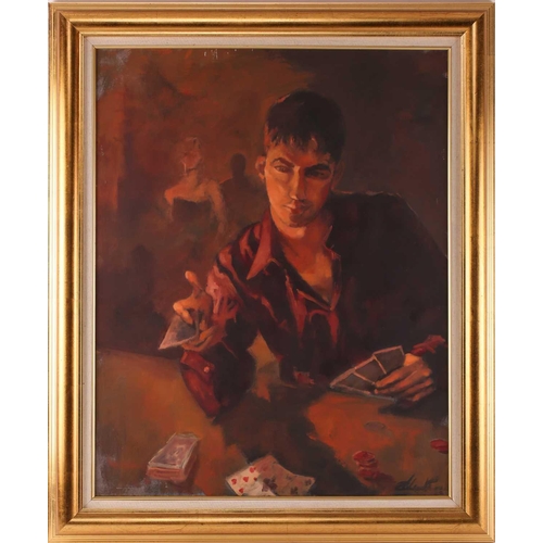 23 - 20th century British school, 'The Card Player', oil on canvas, indistinctly signed to lower right co... 