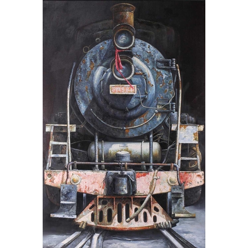 34 - Zhang Xing, (20th century) Chinese, a frontal view of a steam engine, large oil on canvas, 148 cm x ... 