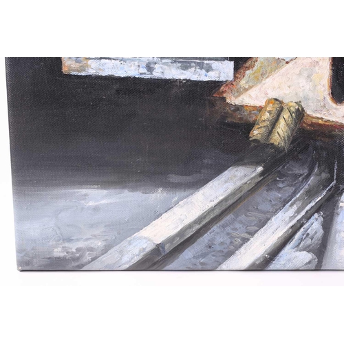 34 - Zhang Xing, (20th century) Chinese, a frontal view of a steam engine, large oil on canvas, 148 cm x ... 