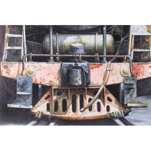 34 - Zhang Xing, (20th century) Chinese, a frontal view of a steam engine, large oil on canvas, 148 cm x ... 