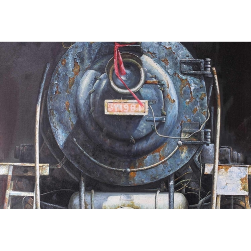 34 - Zhang Xing, (20th century) Chinese, a frontal view of a steam engine, large oil on canvas, 148 cm x ... 