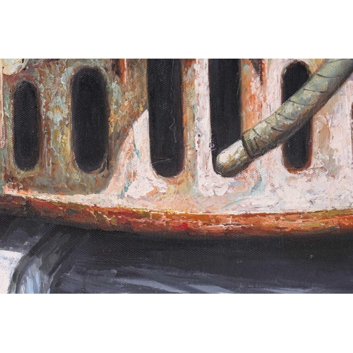 34 - Zhang Xing, (20th century) Chinese, a frontal view of a steam engine, large oil on canvas, 148 cm x ... 