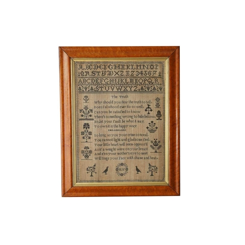 358 - A Victorian woolwork alphabetical sampler with moral verse and stylized shrubs birds geometric borde... 